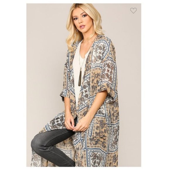 Boho Windowpane Floral Print Long Kimono w/Pockets - Picture 5 of 10